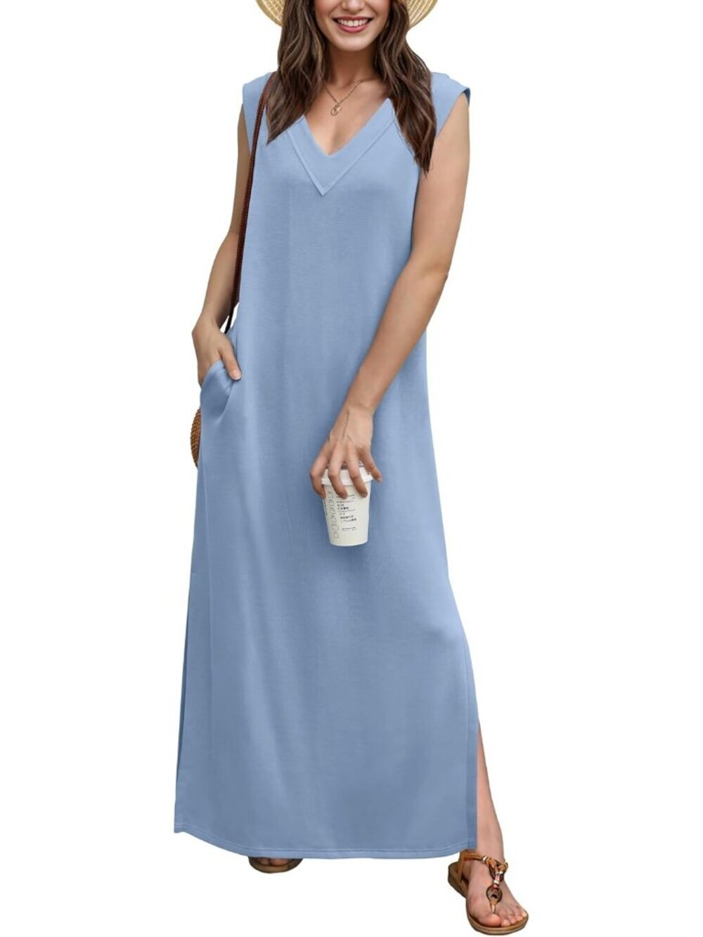 Women's Blue Summer Maxi Dress V-Neck Sleeveless Casual Loose Split Long Dress
